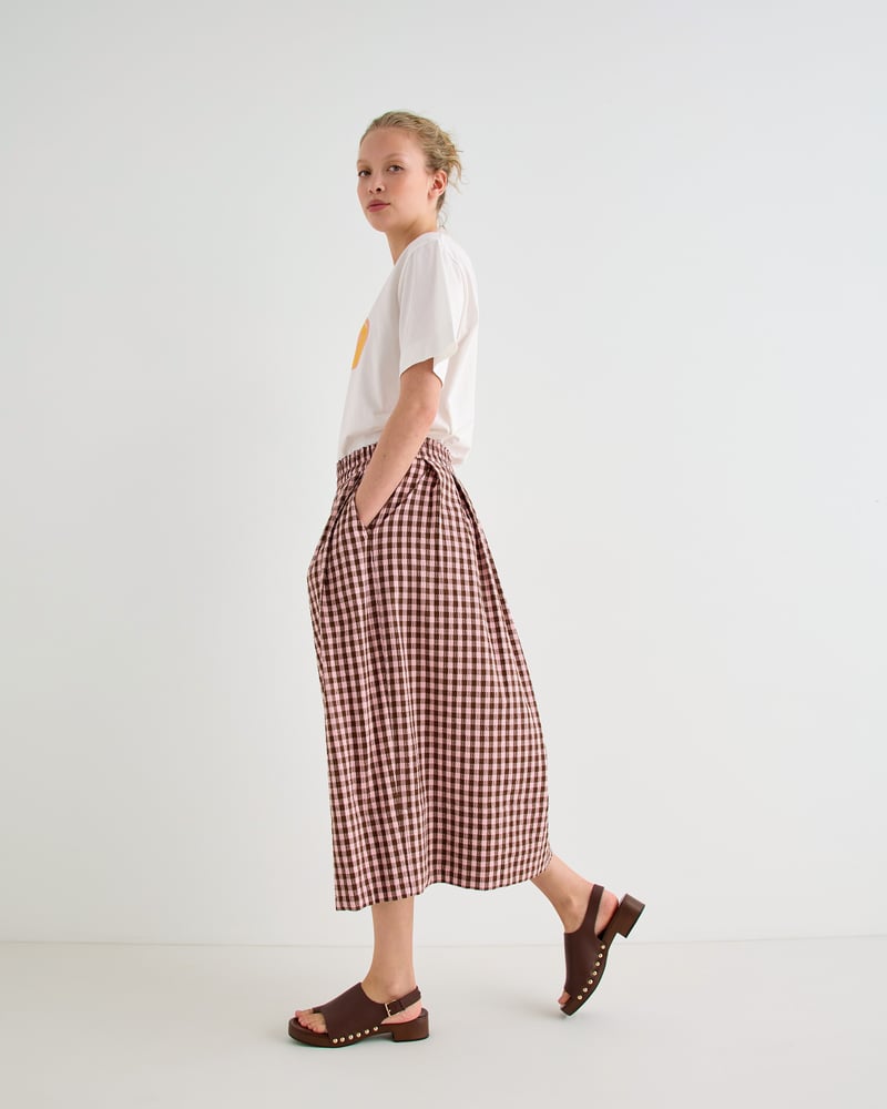 Pink & Brown Gingham Elasticated Waist Cotton Midi Skirt