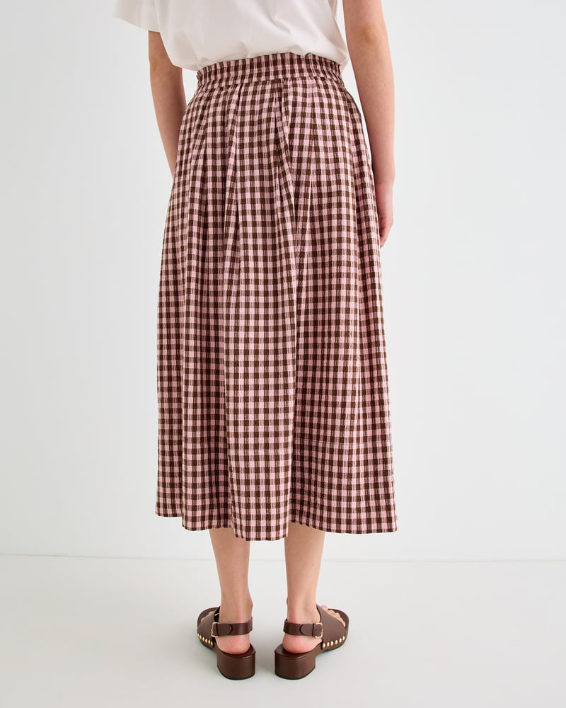 Pink & Brown Gingham Elasticated Waist Cotton Midi Skirt