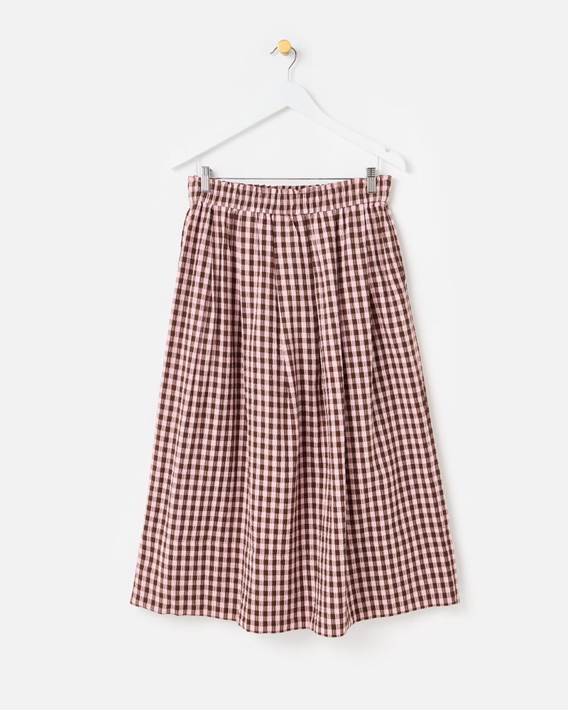 Pink & Brown Gingham Elasticated Waist Cotton Midi Skirt