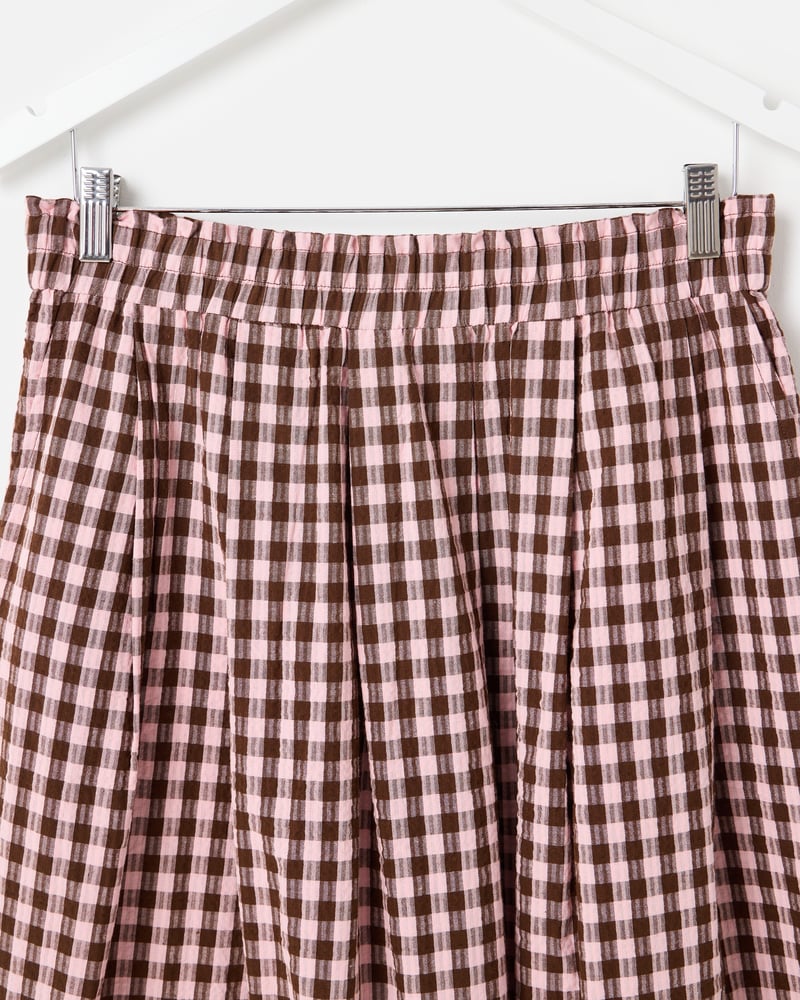 Pink & Brown Gingham Elasticated Waist Cotton Midi Skirt