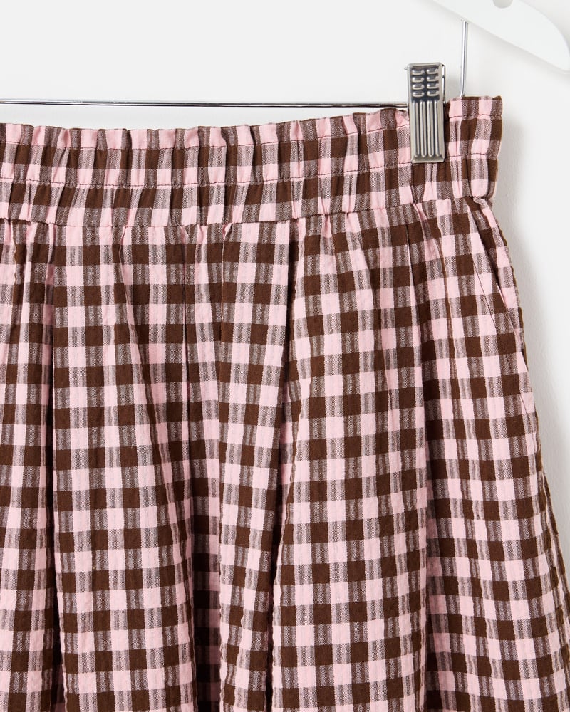 Pink & Brown Gingham Elasticated Waist Cotton Midi Skirt