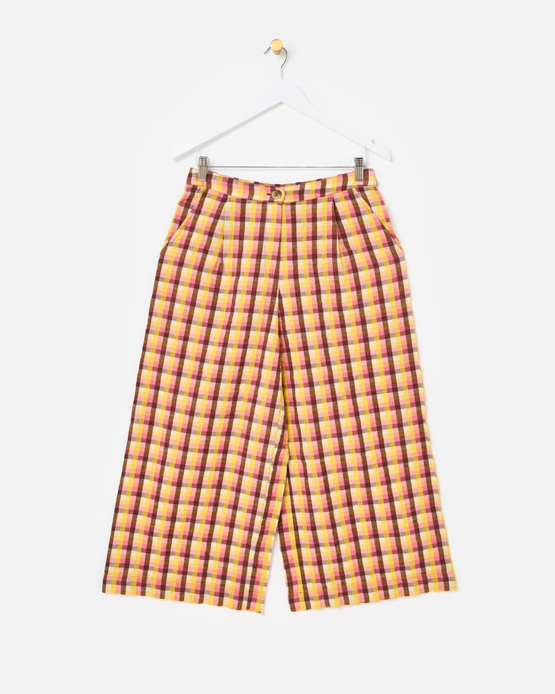 Yellow & Brown Checked Cropped Wide Leg Trousers