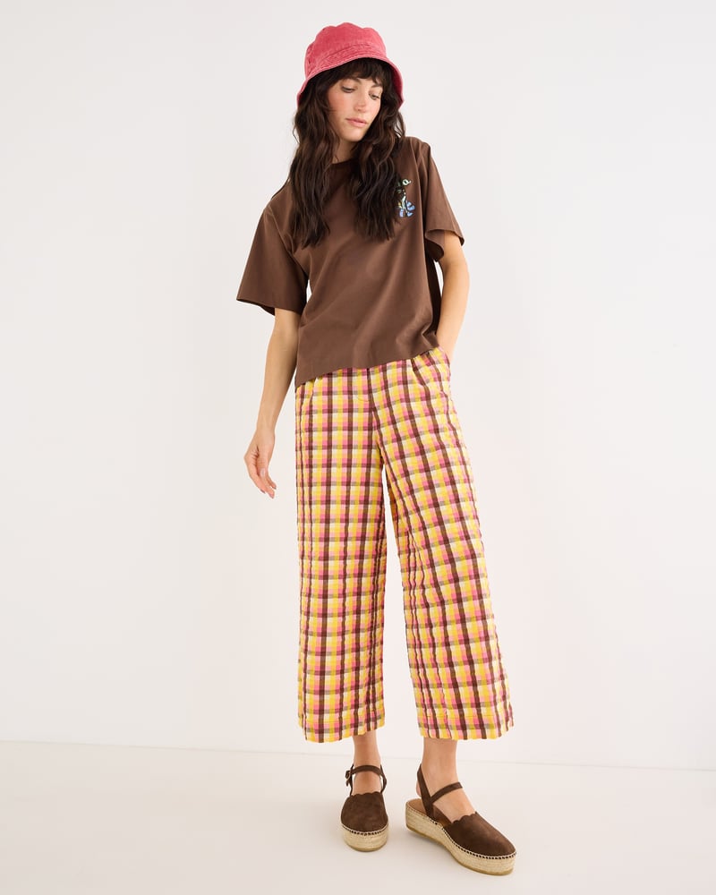 Yellow & Brown Checked Cropped Wide Leg Trousers