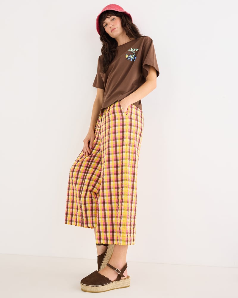 Yellow & Brown Checked Cropped Wide Leg Trousers