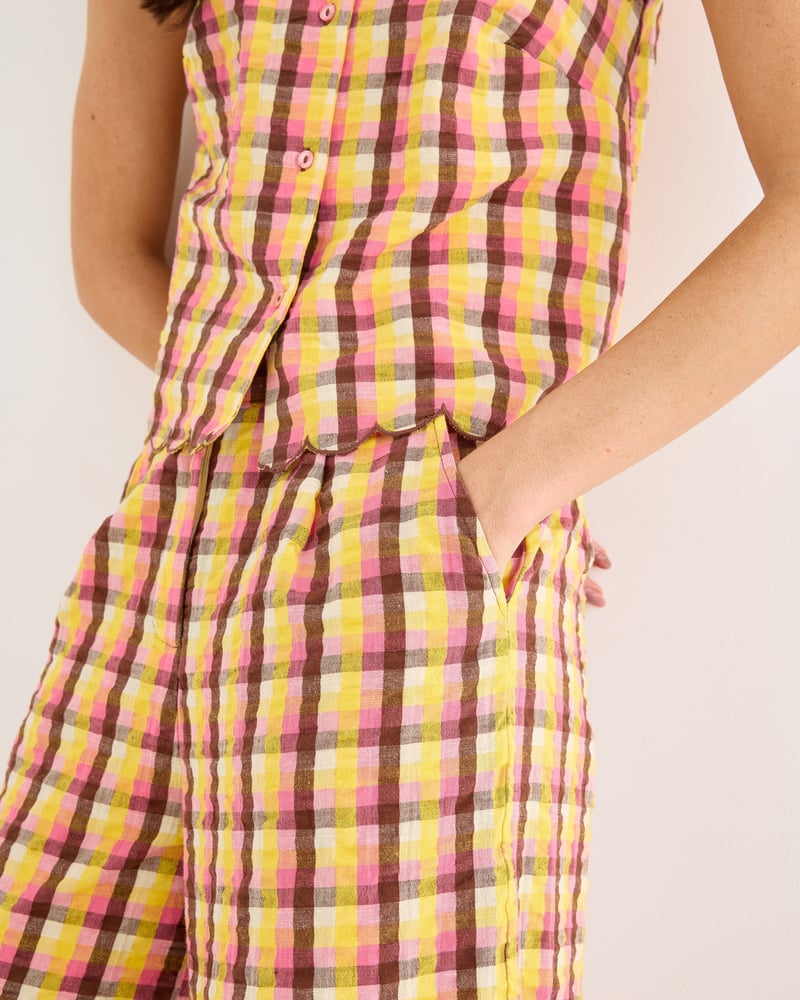 Yellow & Brown Checked Cropped Wide Leg Trousers