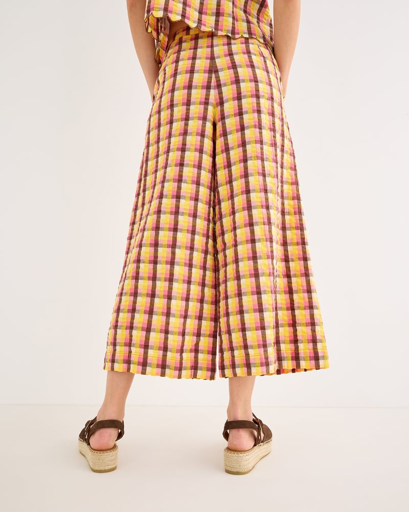 Yellow & Brown Checked Cropped Wide Leg Trousers