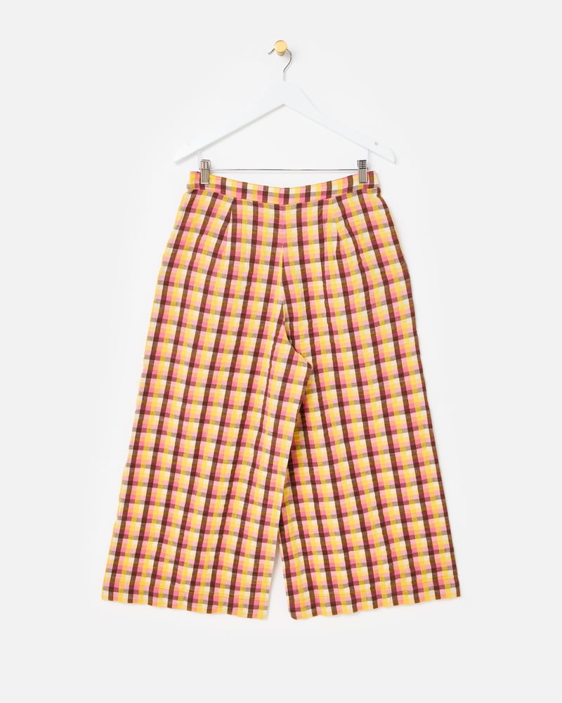 Yellow & Brown Checked Cropped Wide Leg Trousers