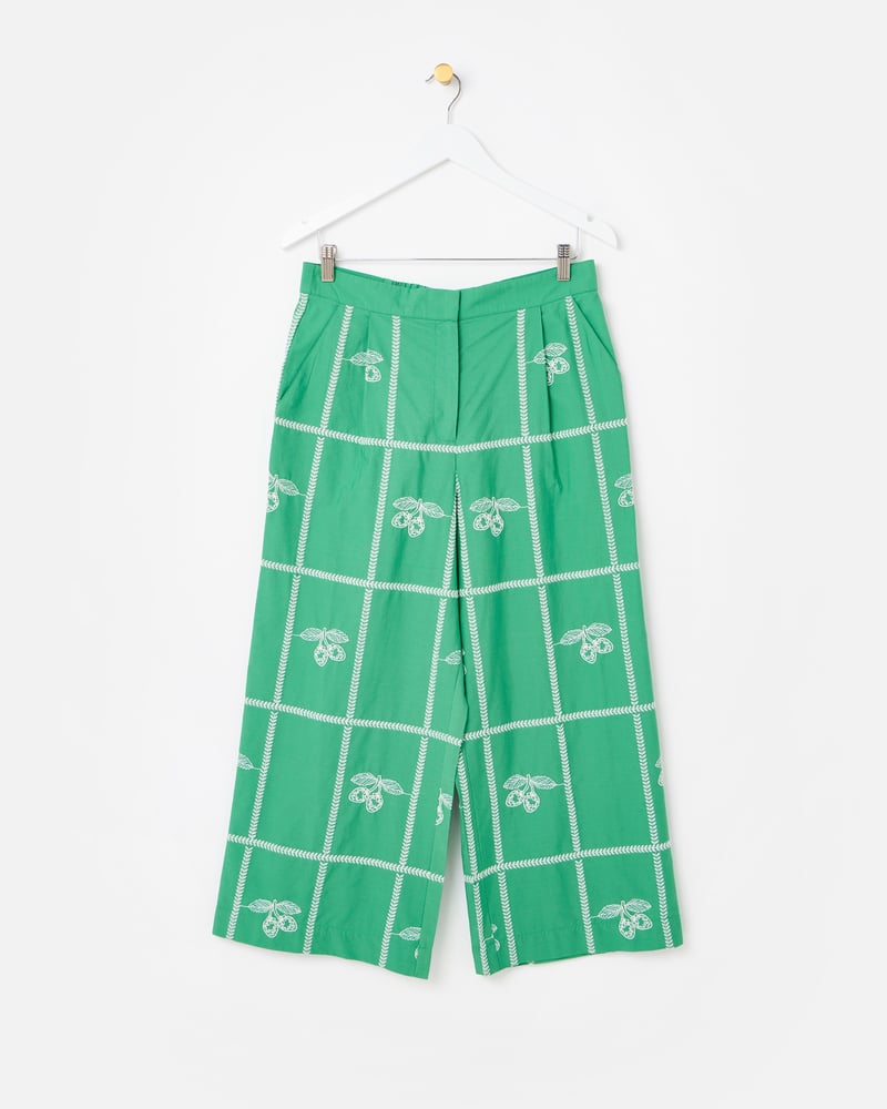 Green Strawberry Embroidered Cotton Cropped Wide Leg Trousers