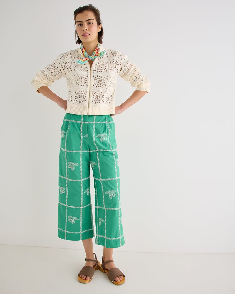 Green Strawberry Embroidered Cotton Cropped Wide Leg Trousers
