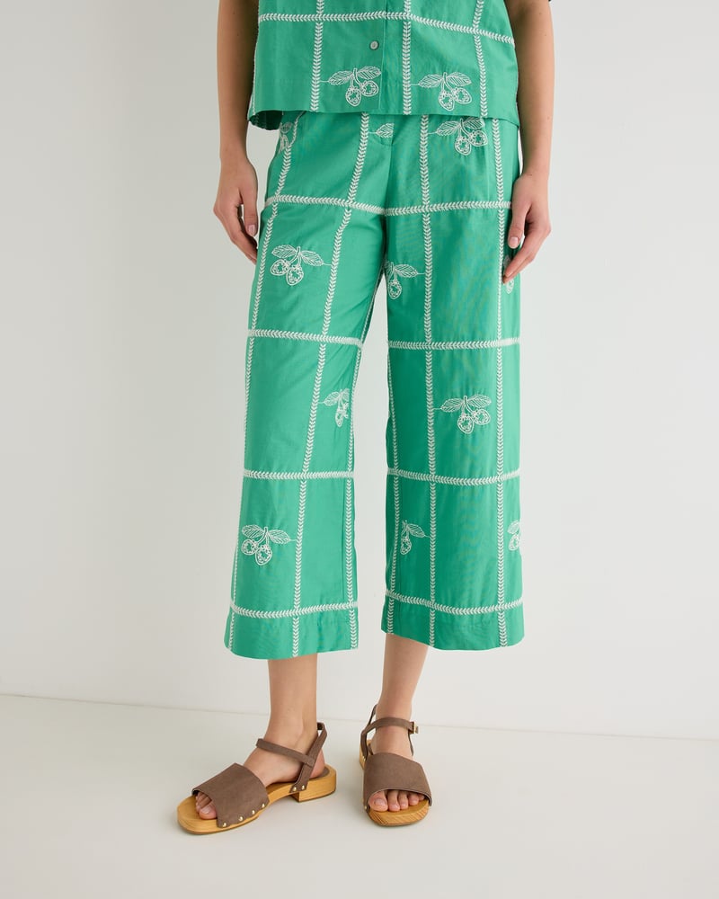 Green Strawberry Embroidered Cotton Cropped Wide Leg Trousers