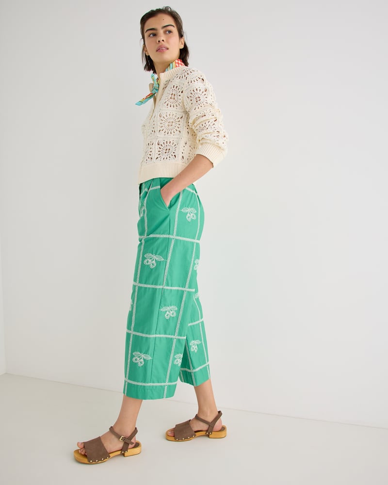 Green Strawberry Embroidered Cotton Cropped Wide Leg Trousers