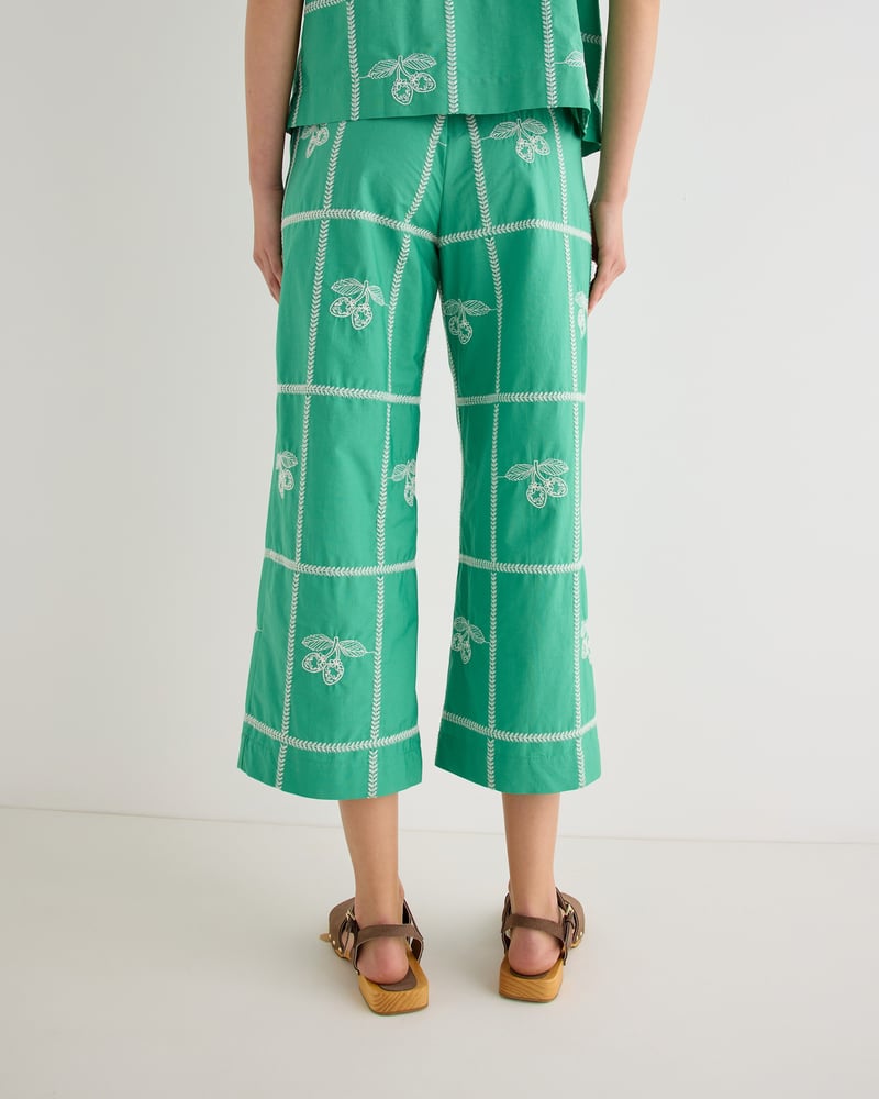 Green Strawberry Embroidered Cotton Cropped Wide Leg Trousers