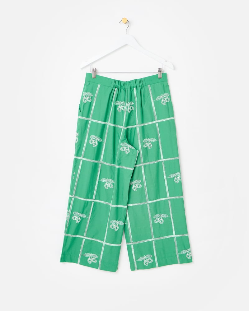 Green Strawberry Embroidered Cotton Cropped Wide Leg Trousers