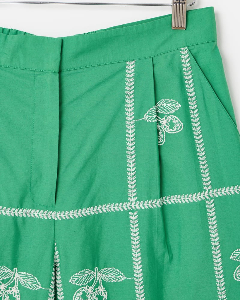 Green Strawberry Embroidered Cotton Cropped Wide Leg Trousers