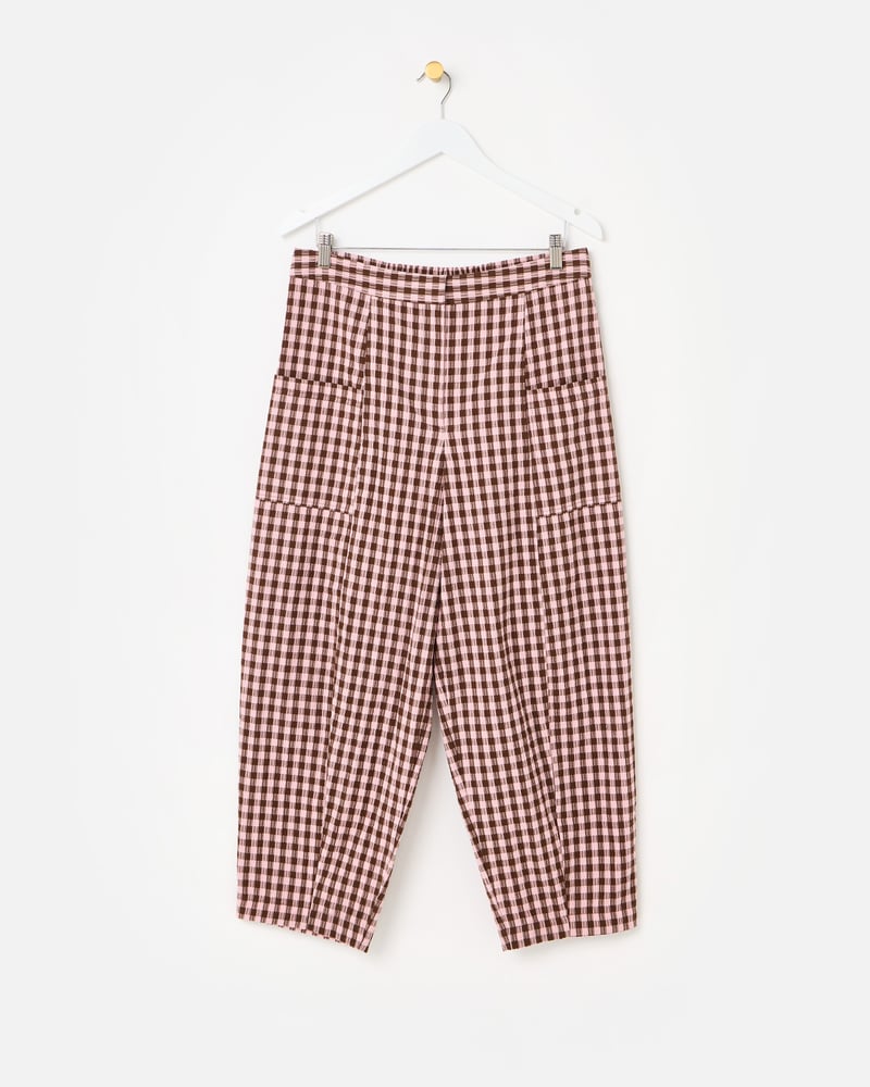 Pink & Brown Gingham Cotton Cropped Tapered Trousers