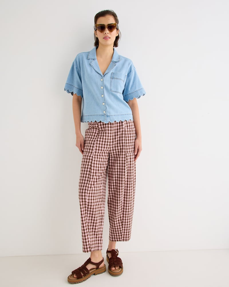 Pink & Brown Gingham Cotton Cropped Tapered Trousers