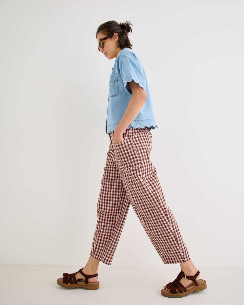 Pink & Brown Gingham Cotton Cropped Tapered Trousers