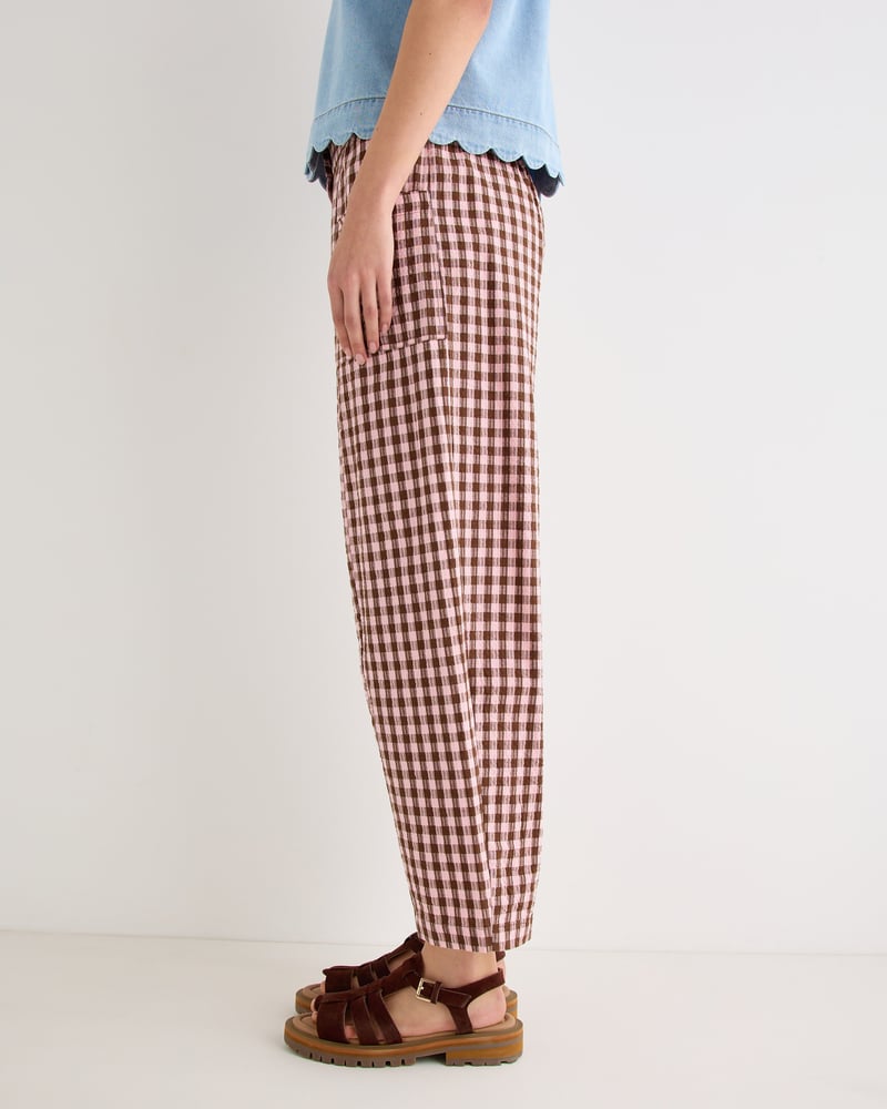 Pink & Brown Gingham Cotton Cropped Tapered Trousers