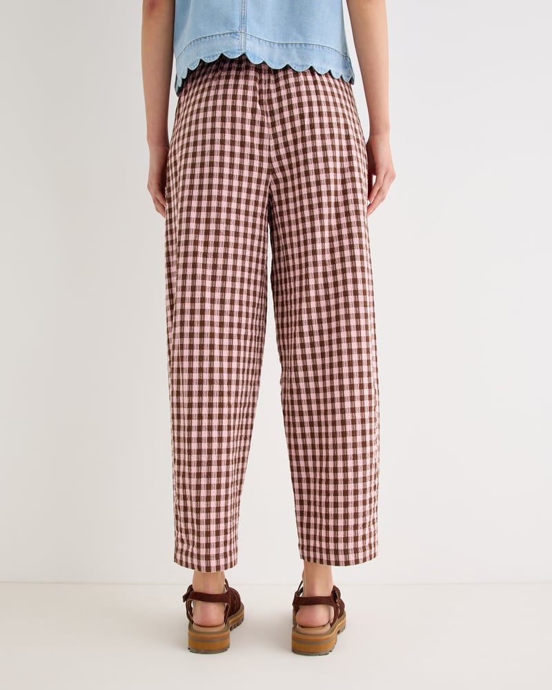 Pink & Brown Gingham Cotton Cropped Tapered Trousers