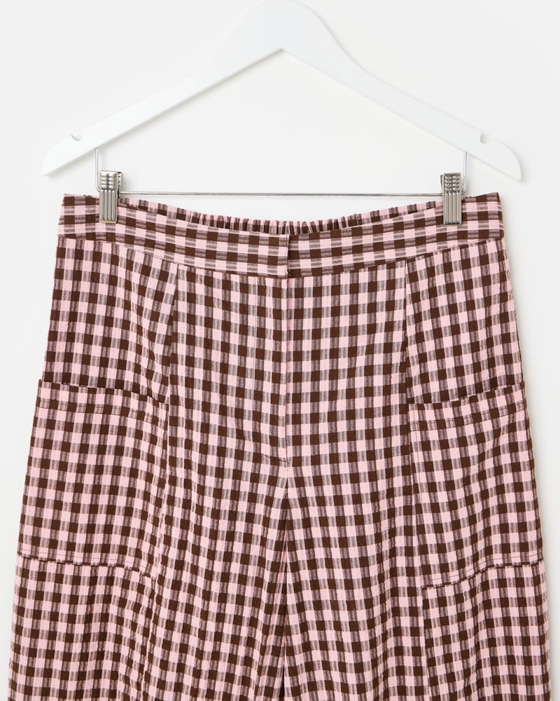 Pink & Brown Gingham Cotton Cropped Tapered Trousers