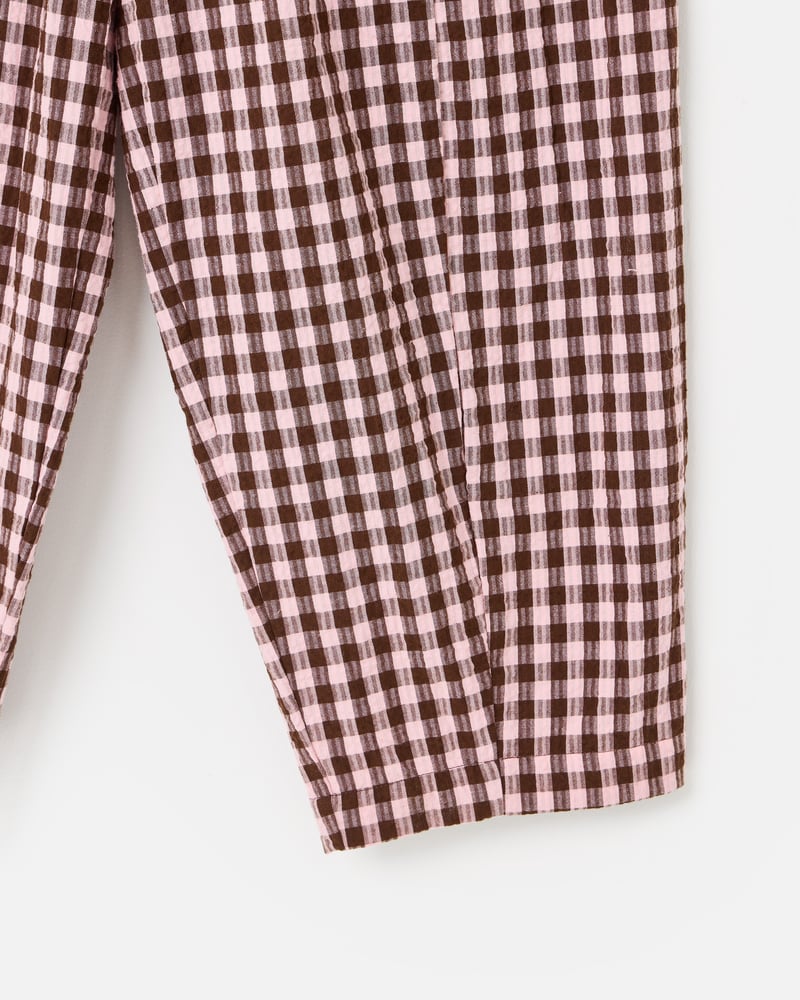 Pink & Brown Gingham Cotton Cropped Tapered Trousers
