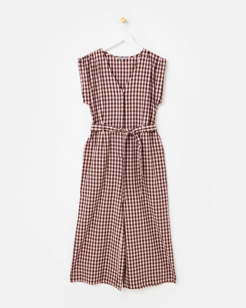Pink & Brown V-Neck Gathered Shoulder Cotton Cropped Jumpsuit