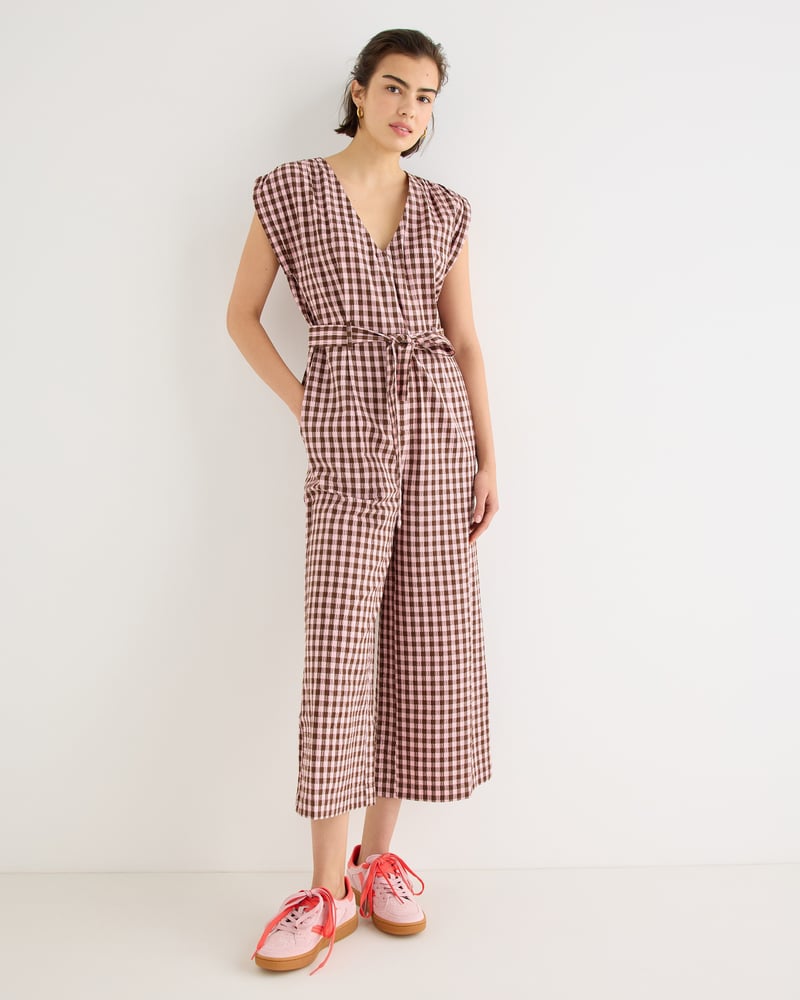 Pink & Brown V-Neck Gathered Shoulder Cotton Cropped Jumpsuit