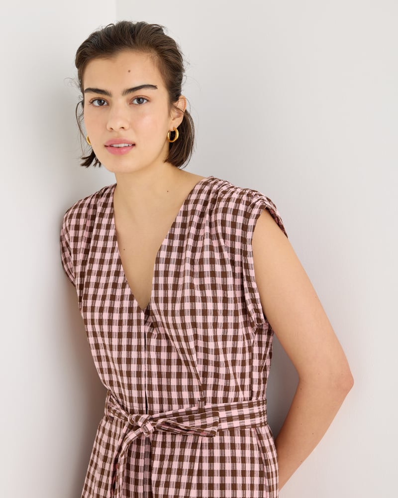 Pink & Brown V-Neck Gathered Shoulder Cotton Cropped Jumpsuit