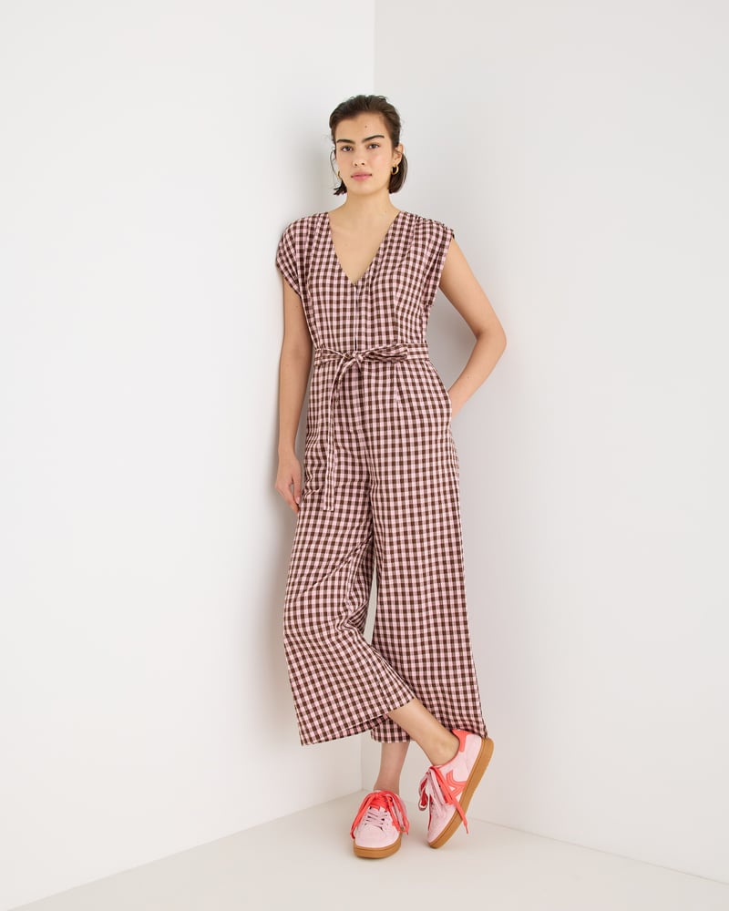 Pink & Brown V-Neck Gathered Shoulder Cotton Cropped Jumpsuit