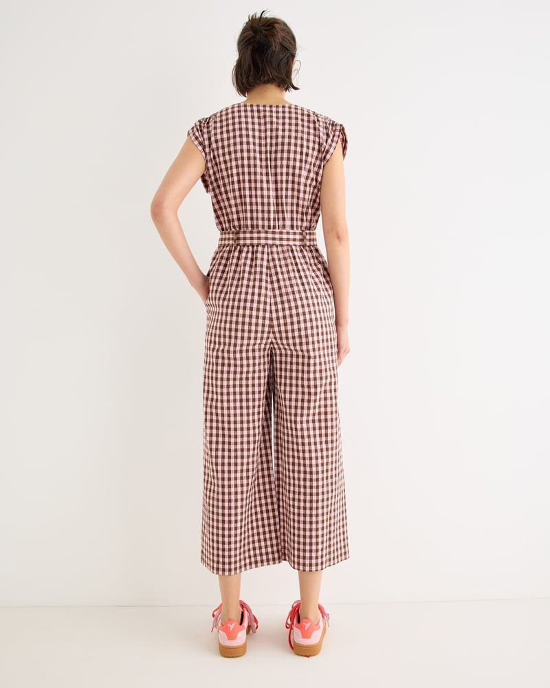 Pink & Brown V-Neck Gathered Shoulder Cotton Cropped Jumpsuit