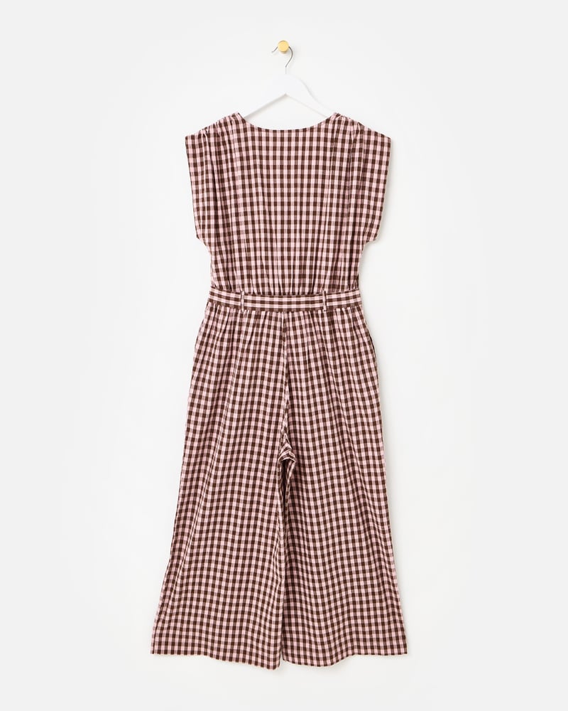 Pink & Brown V-Neck Gathered Shoulder Cotton Cropped Jumpsuit