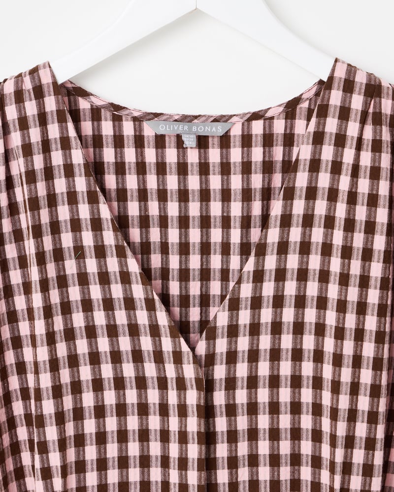 Pink & Brown V-Neck Gathered Shoulder Cotton Cropped Jumpsuit