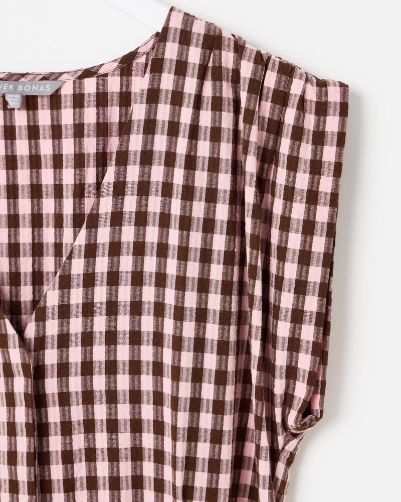 Pink & Brown V-Neck Gathered Shoulder Cotton Cropped Jumpsuit