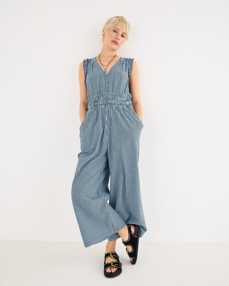 Blue & Black Gingham Sleeveless Cotton Jumpsuit