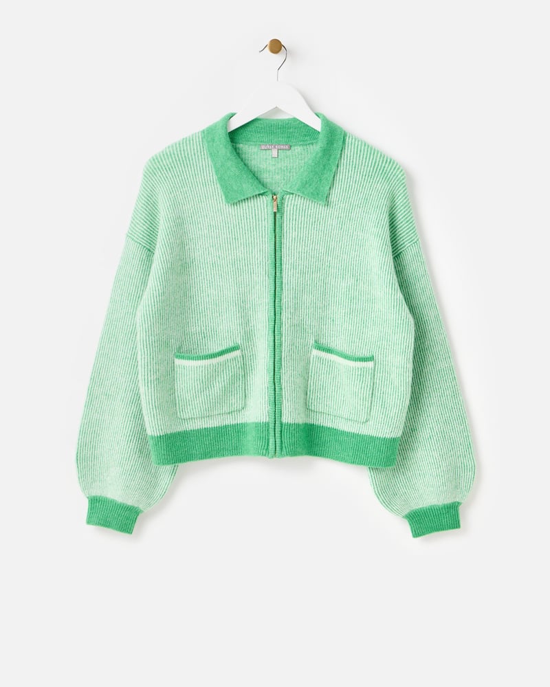 Green Striped Collared Knitted Bomber Jacket