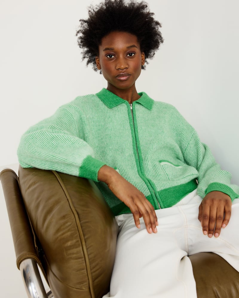 Green Striped Collared Knitted Bomber Jacket