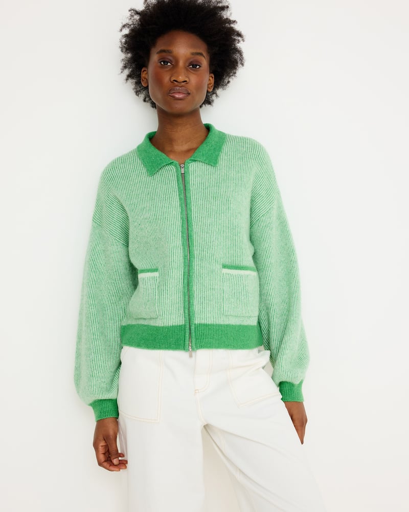 Green Striped Collared Knitted Bomber Jacket