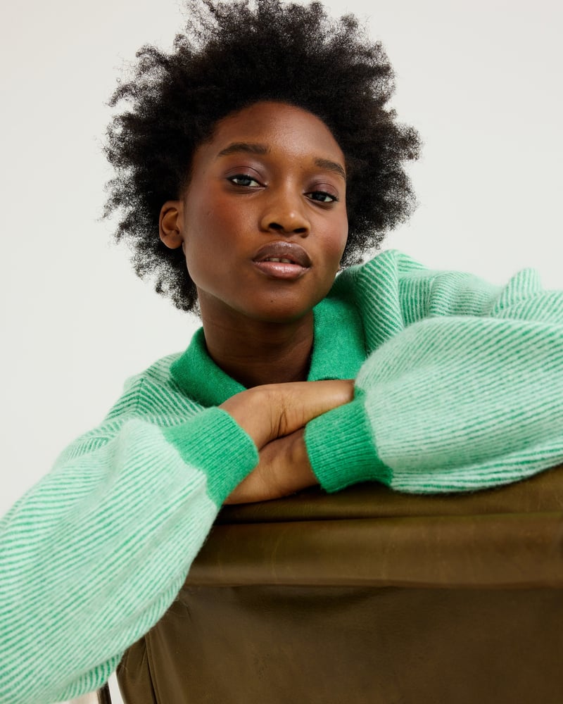 Green Striped Collared Knitted Bomber Jacket