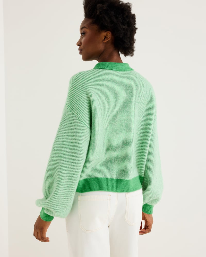 Green Striped Collared Knitted Bomber Jacket