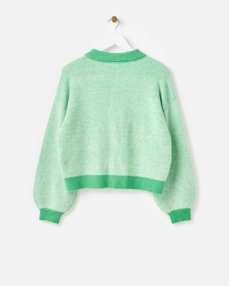 Green Striped Collared Knitted Bomber Jacket