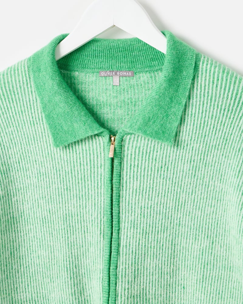 Green Striped Collared Knitted Bomber Jacket