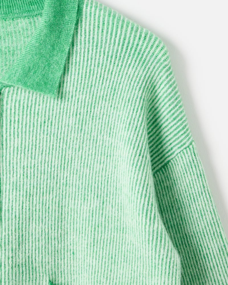 Green Striped Collared Knitted Bomber Jacket