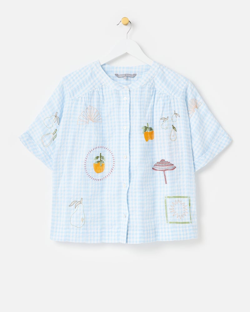 Light Blue Gingham Embroidered Short Sleeve Shirt
