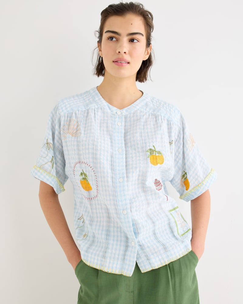 Light Blue Gingham Embroidered Short Sleeve Shirt
