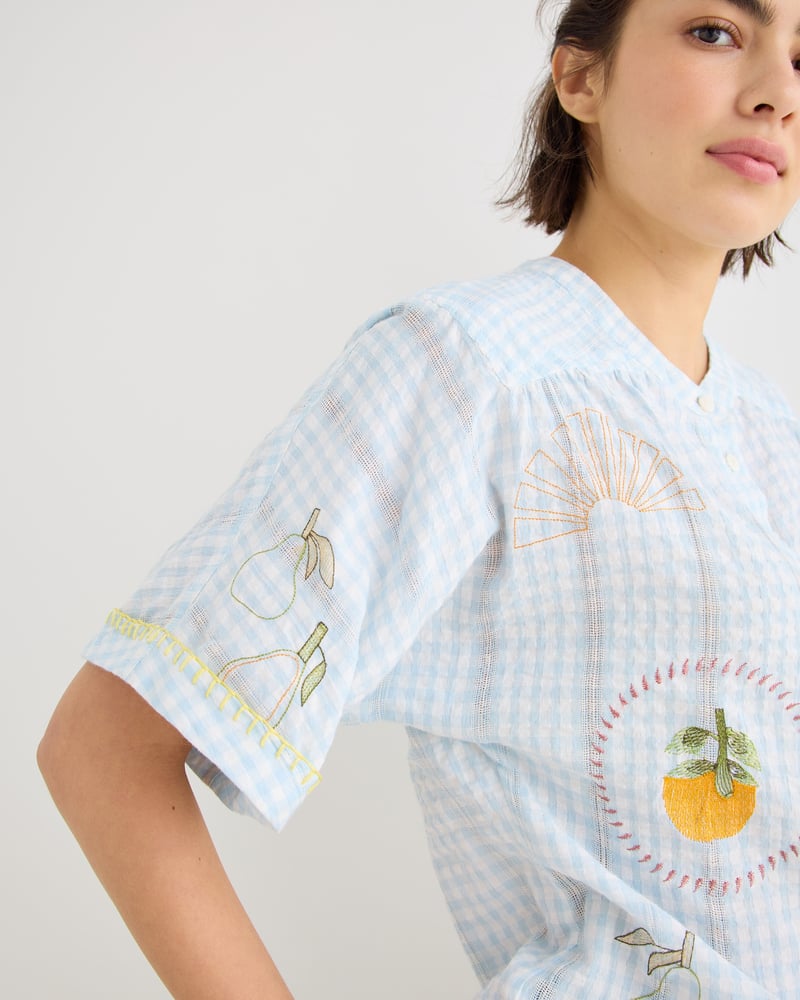 Light Blue Gingham Embroidered Short Sleeve Shirt