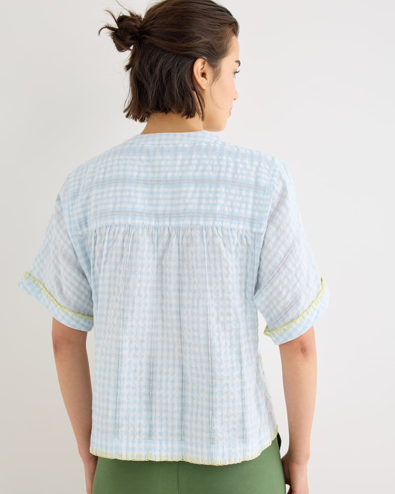 Light Blue Gingham Embroidered Short Sleeve Shirt