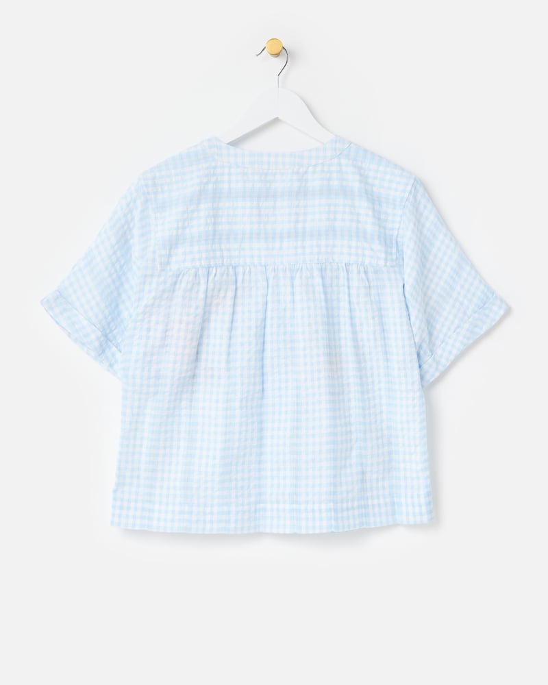 Light Blue Gingham Embroidered Short Sleeve Shirt