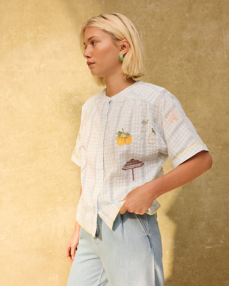 Light Blue Gingham Embroidered Short Sleeve Shirt