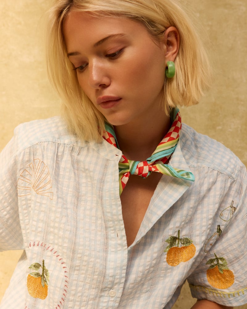 Light Blue Gingham Embroidered Short Sleeve Shirt