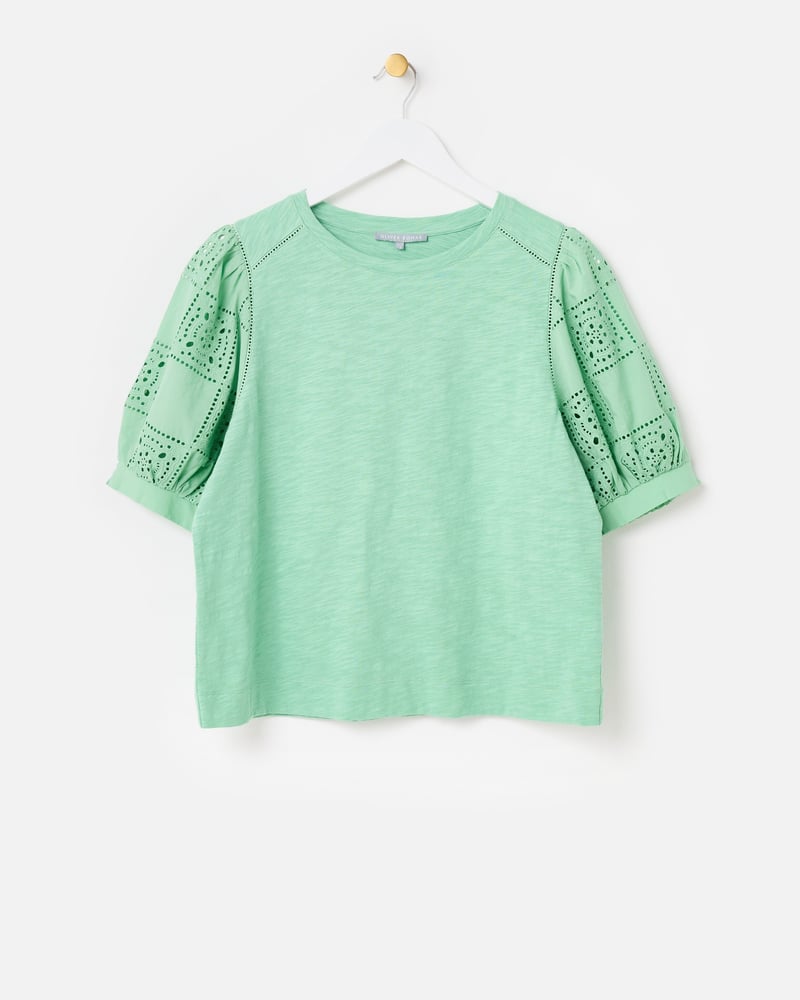 Green Embroidered Cotton Puff Sleeve Top